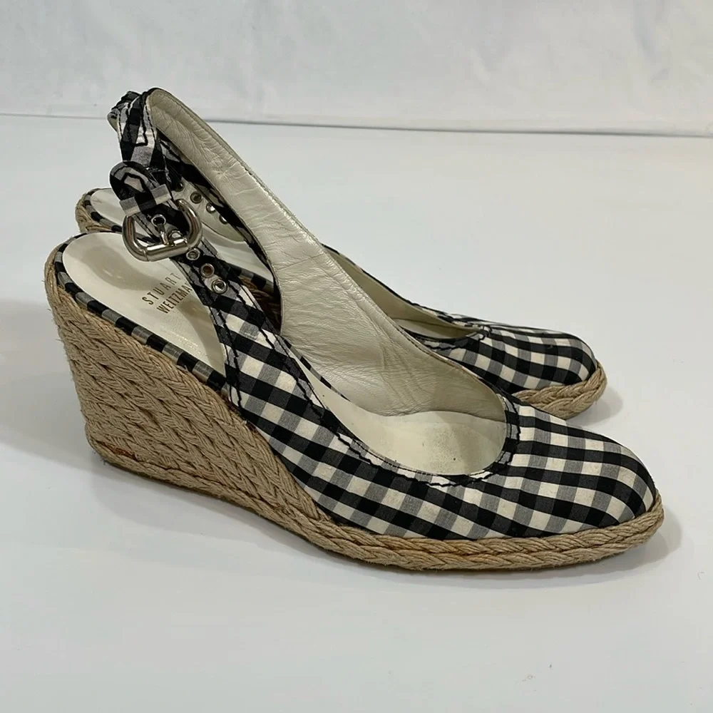 Stuart Weitzman Wedge Espadrille Heels Navy And White Gingham Size 8